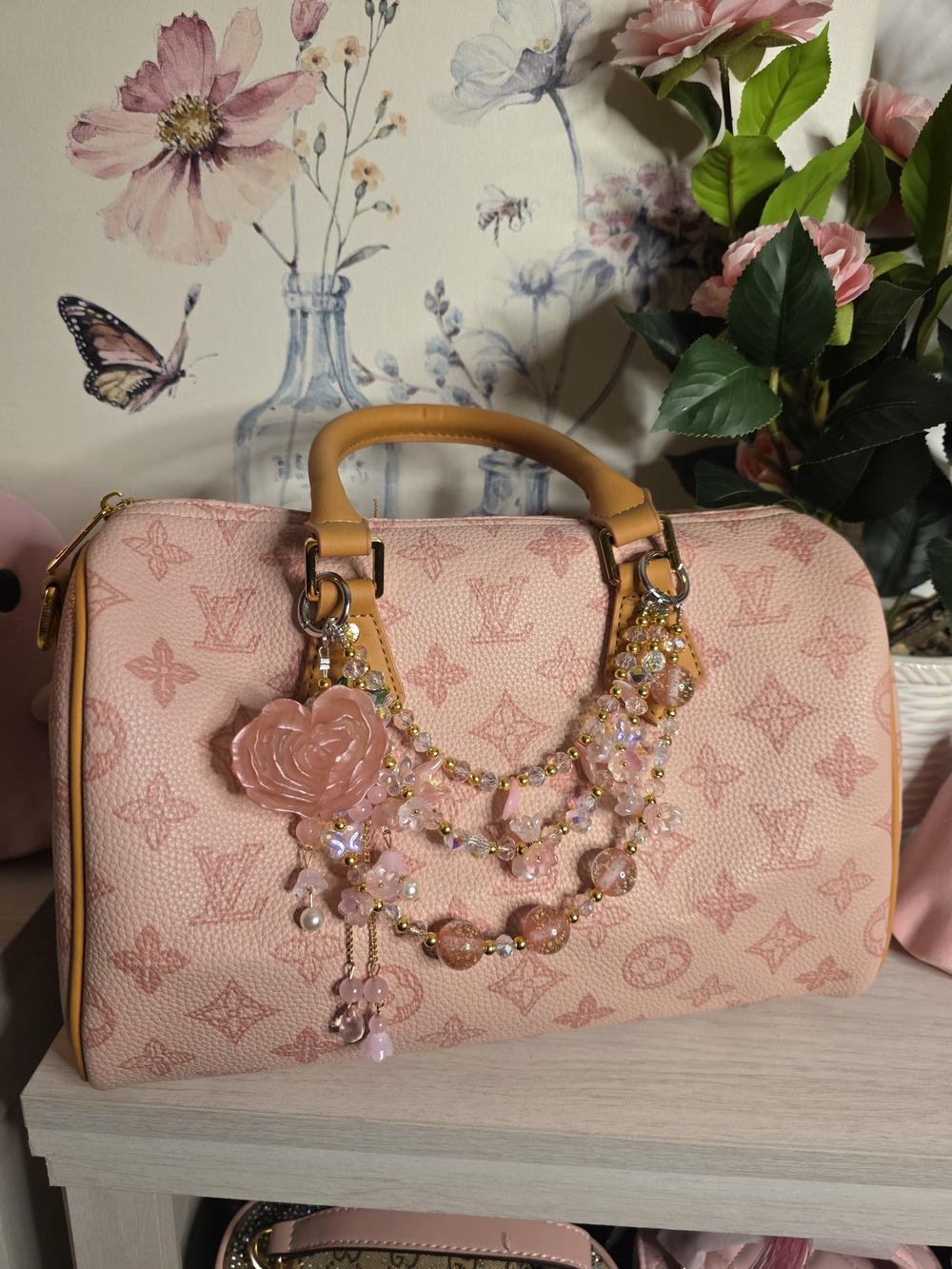 Pink Rose Flower Bag Charm – Beaded Floral Keychain Charm